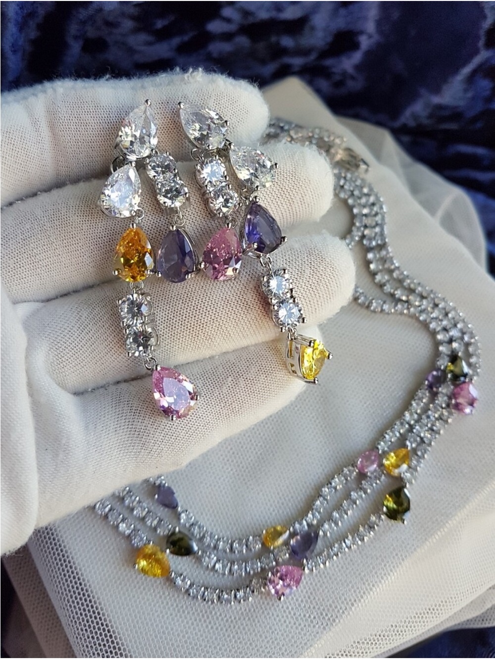 Swarovski Elements Teardrop Pink Purple & Yellow Gem Layered Necklace NEW - Picture 17 of 17